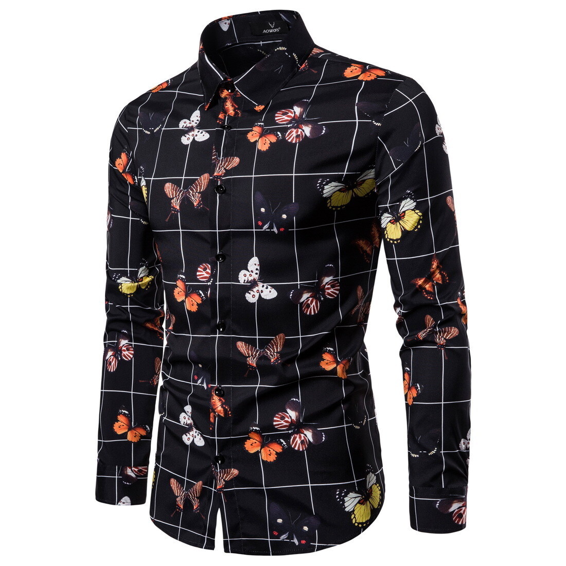 Men 's butterfly printed slim Shirt Streetwear Hipster Long Sleeved Men plaid Shirts Brand Hawaii Clothing black