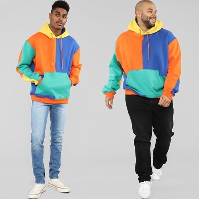 Color Block Streetwear Men Pullover Hoodies Patchwork Sweatshirt Loose Fit Drop Shoulder Cotton Oversized Hoodie
