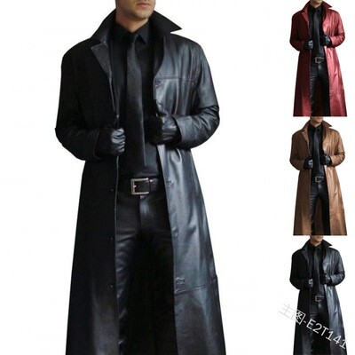 Spring Autumn Long Black PU Leather Trench Coat Men 2022 Gothic Moto Biker Windbreaker  Punk Outwear Coats for Men