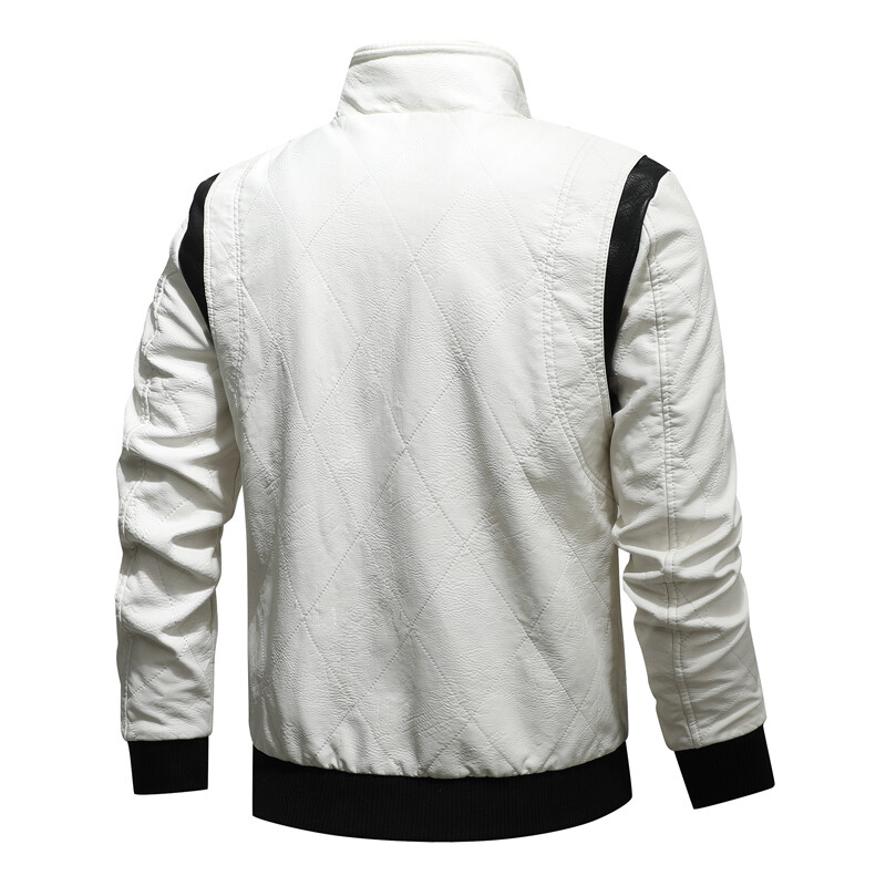 Motorcycle Men's PU Leather Jackets and Coats, Fall/Winter Leather Bomber Jacket, White