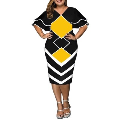 Plus Size Clothing Casual V Neck Geometric Printed Layered Bell Sleeve Women's A Line Dresses Holiday 3XL-4XL Aesthetic