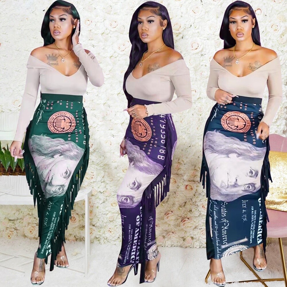LW fashionable midi high waist african women dollar print skirts and dresses with two sides tassel spring summer skirt