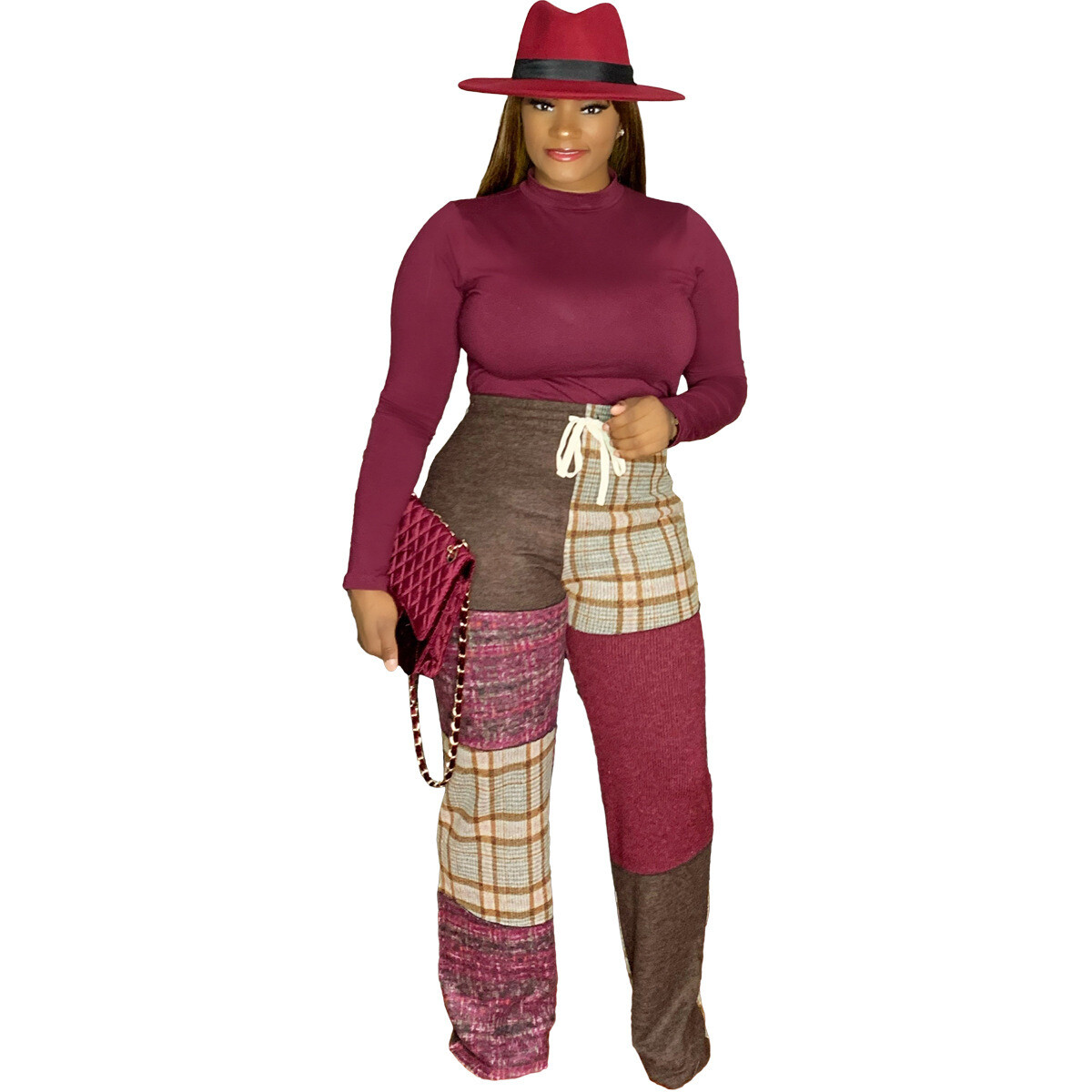 Color-Block Plaid Pants are fall and winter casual plus-size wide-leg plaid pants.