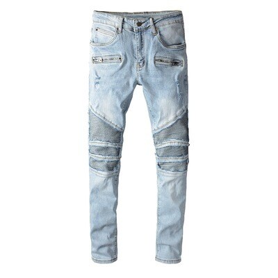 NSZ74 Trendy jens denim light color judy blue jeans knee-damage patch motorcycle biker pants custom jeans