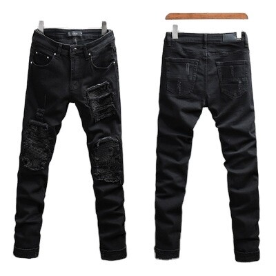 NSN07 Wholesale men's denim new high street wind ripped beggar black pants slim stretch jeans pants for men