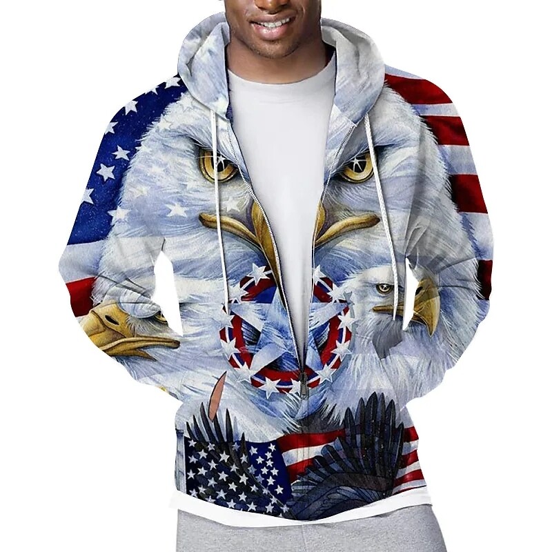 Wholesale Casual Streetwear Animal Hoodie Sweatshirt National Flag Graphic Print Zip Up Hoodie For Men