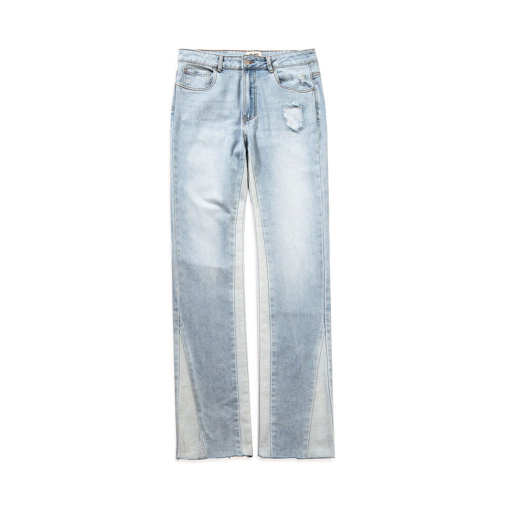 ASKstyle spring new handsome hip hop long pants streetwear brand neutral light blue denim stitching frayed trousers