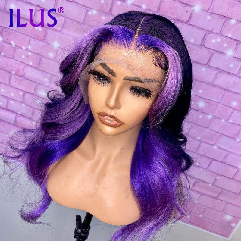 Glueless 360 Full Lace Frontal Human Hair Wigs For Black Women Purple Highlight Colored Body Wave 13x4 HD Lace Frontal Wigs 180%
