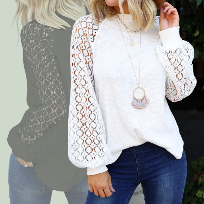 2022 Amazon Best Seller Women's Long Sleeve Tops Lace Casual Loose Blouses T Shirts