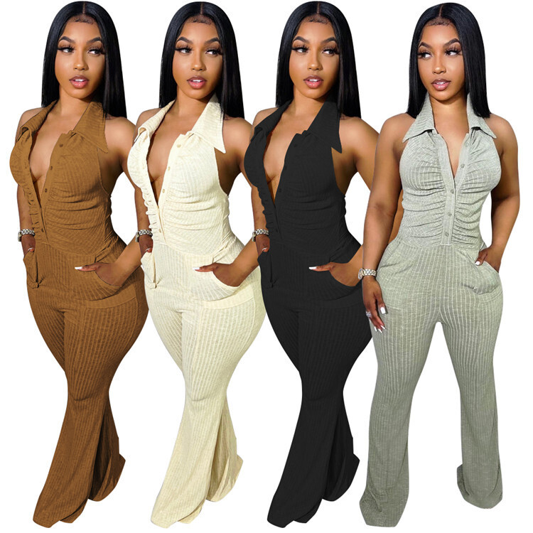 MD-2022051211   Fashion Ladies Sexy Rompers Halter Backless Flare Pants Summer Women One Piece Jumpsuits