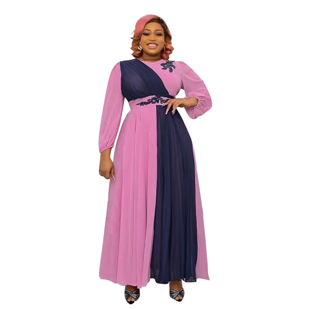 The O-neck, long-sleeved, belted, chiffon maxi dress of 2022 is an elegant choice for plus-size women in Africa.