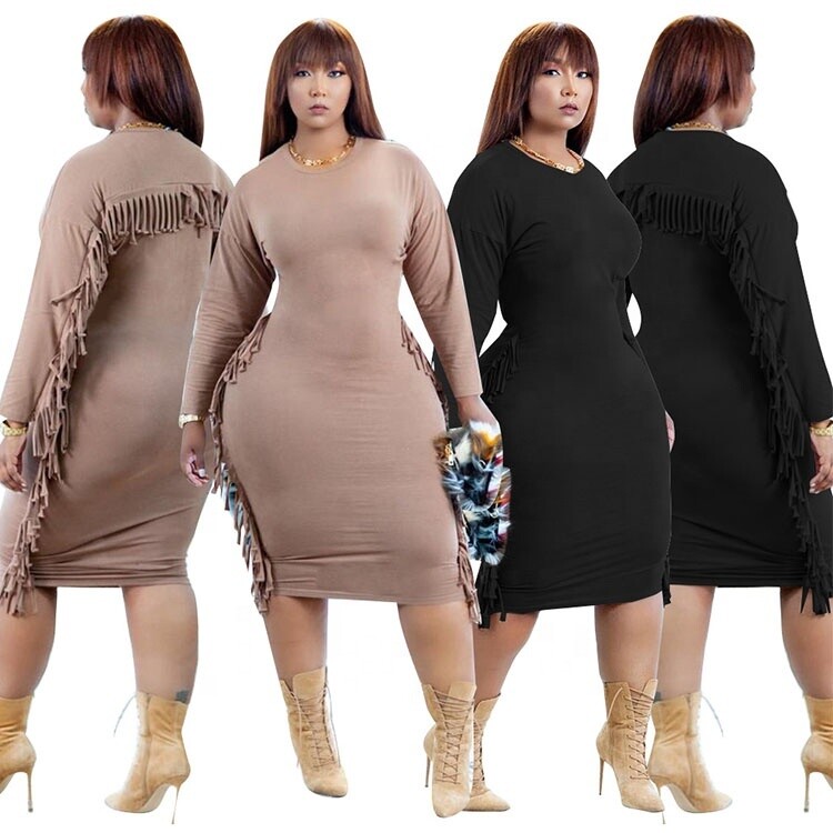 D2285 Fall Hot-Selling Unique Design New Fashion Style Long Sleeve Solid Color Tassels Plus Size Women'S Dresses