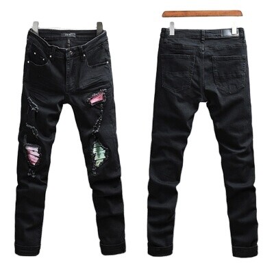 NSZ80 Black denim pants creative patch hole jeans for men stylish jeens