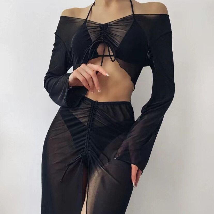 Hot Selling Sheer Mesh Halter Long Sleeve Swimwear Two Pieces High Leg Cut Solid Swimsuit Women Bathing Suit Cover Up