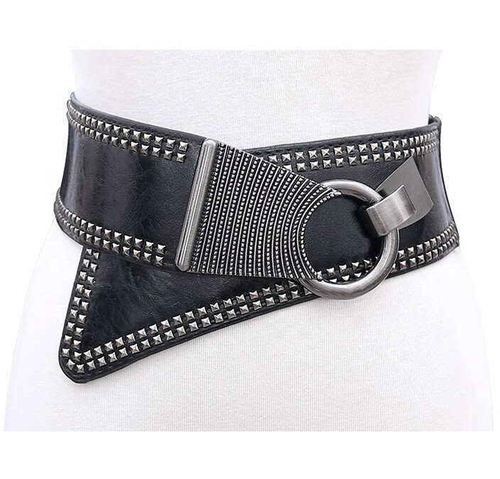 XLL Popular cool girl's boutique leather wide asymmetric belt rivet womens punk slimming pu belts