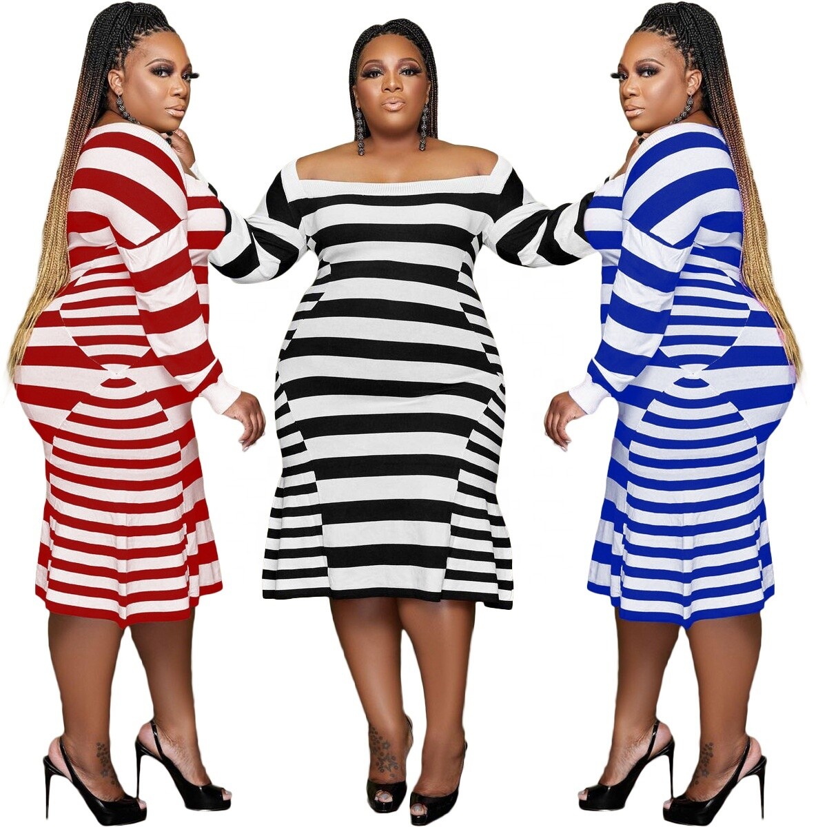 KX-Q77310  Latest design women's clothing knit dress off shoulder striped ladies fashion plus size fall dresses 4xl 5xl 6xl 7xl