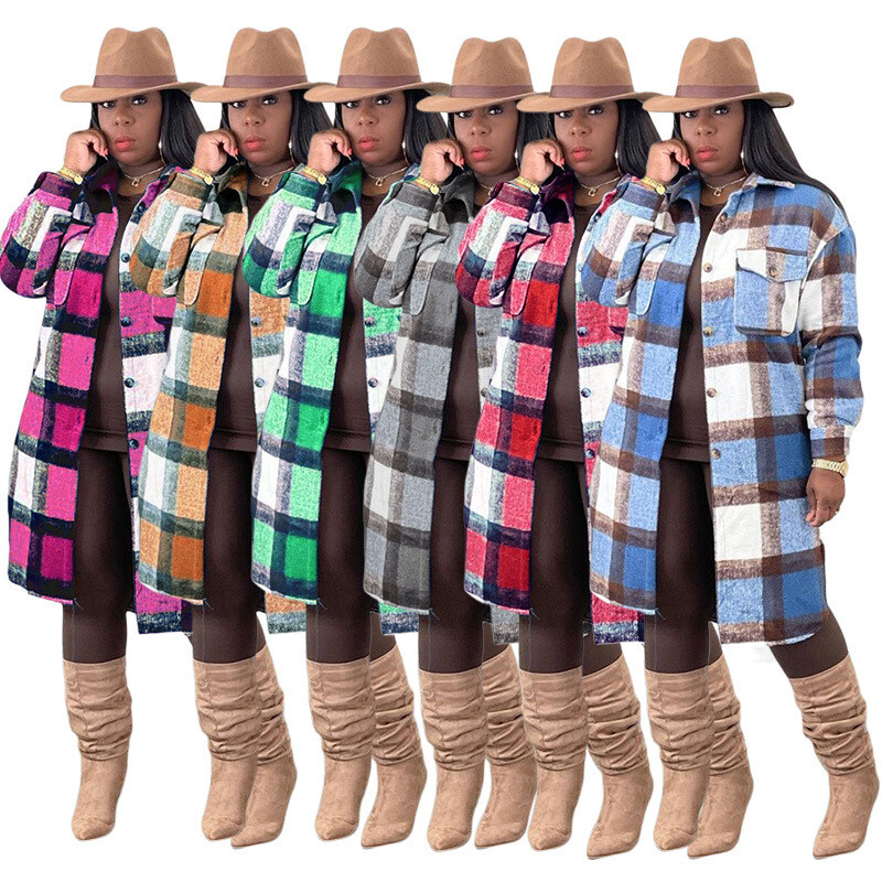 Trendy Women Long Sleeve Blouse Thick Plaid Woolen Coats Spring Fall Long Casual Shirt For Woman