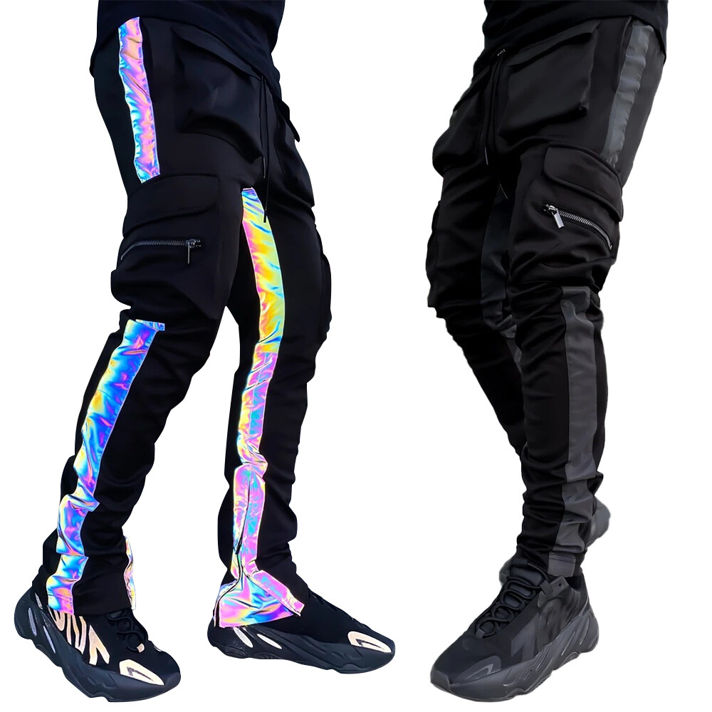 Stylish Streetwear Mens Hip Hop Jogger Pants Hippie Reflective Colorful Shiny Pockets Baggy Cargo Sweatpants Male