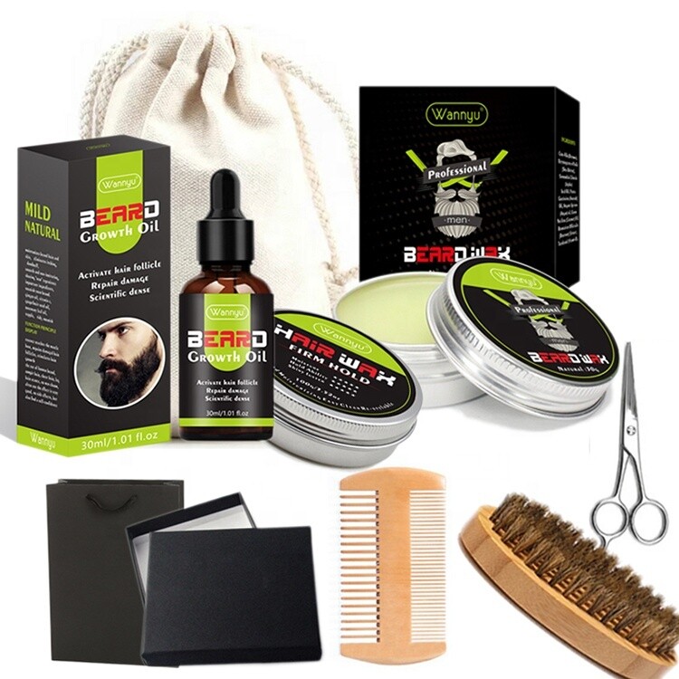 Gentle Men Beard Growth Kit and Beard Grooming Kit Private Label Choose Oil Wax Balm Wash Combs Scissor Brush Bag and Gift box