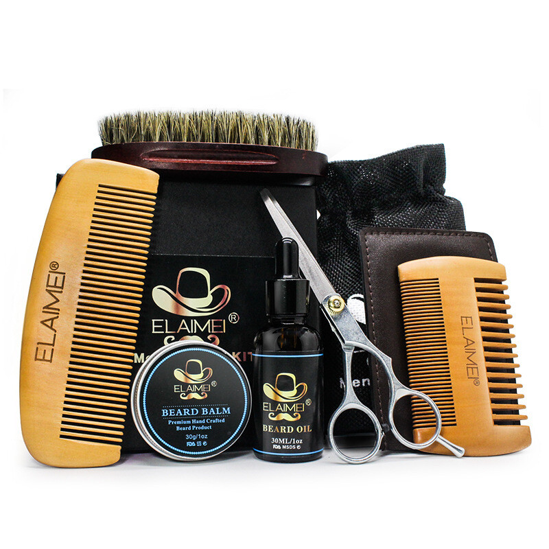 Beard Growth Kit 6pcs/Set Beard Oil Essential Oil Balm Scissor Comb Brush Daily Care Kit Beard Grooming Kit For Men
