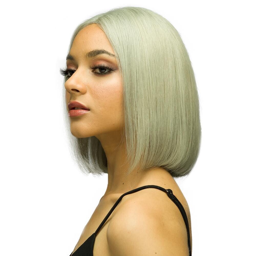 Gray Short Lace Front Closure Wigs, Caesious Color Human Hair Bob Wig with Middle Part.