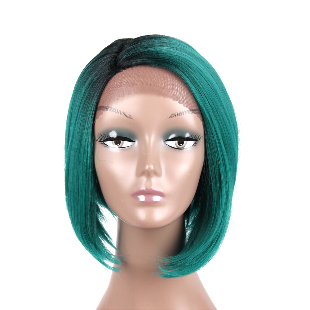 Machine Made Heat Resistant Synthetic Wig Short Silky Straight Bob Hair Style Ombre Two Tone Green Dark Gray Afro Wigs