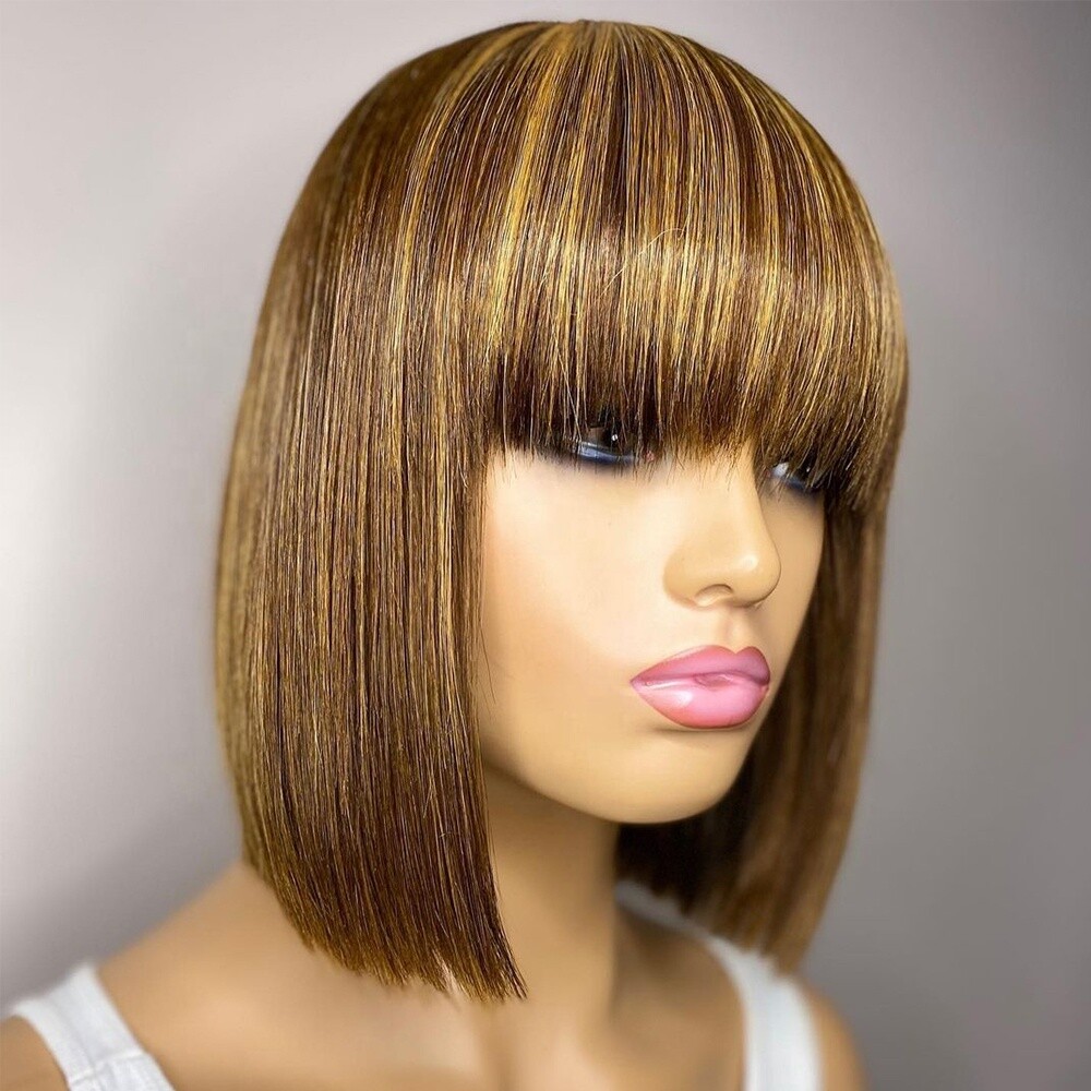 Cheap Straight Short Bob Highlight Wig with Bangs Raw Indian Virgin Cuticle Aligned Natural Human Hair Wigs for Black Women
