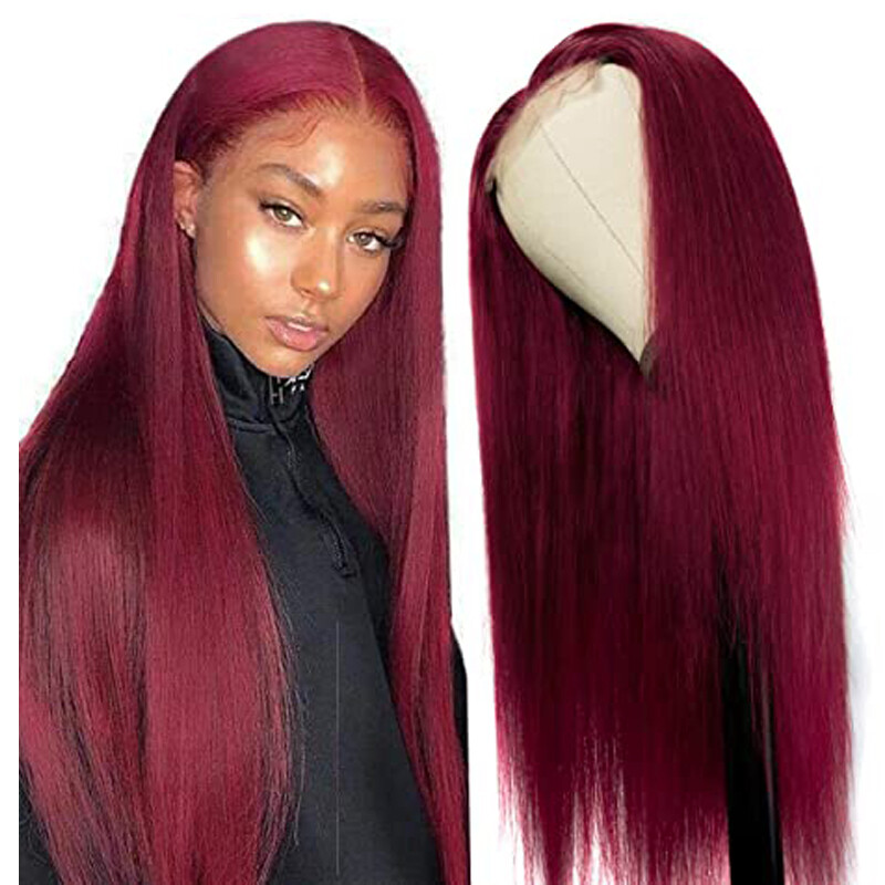 M&H 10a Straight 99J Burgundy T Part Lace Closure Human Hair Wigs Middle Part Brazilian Remy Hair Human Hair Wig Red