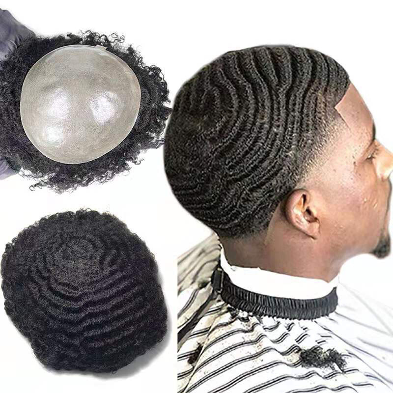 Black Men Hair Wigs: Black Kinky Curly Male PU Skin Toupee 6mm Weave Hair Unit Afro Toupee