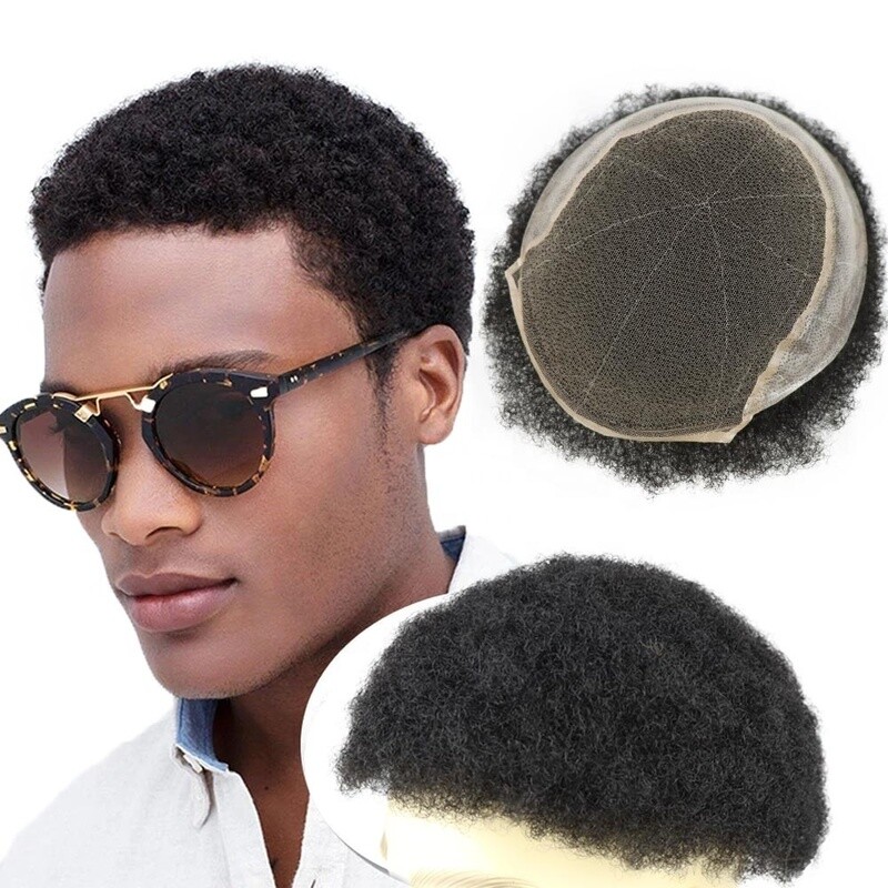 One-Man Afro Kinky Afro Toupee for Black Men in Natural Human Hair with Curly Swiss Lace for Thin Skin