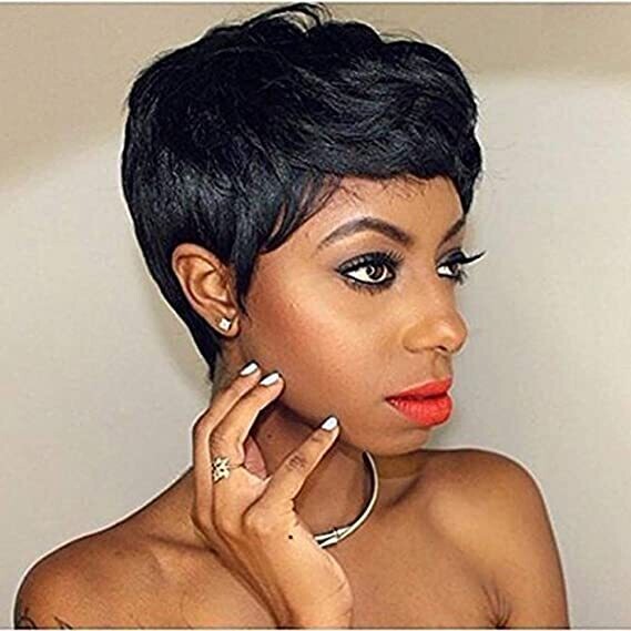 From $30 to $110, Brazilian 100% Human Hair Pixie Cut Short Full Machine Made Wigs for Black Women with Bangs.