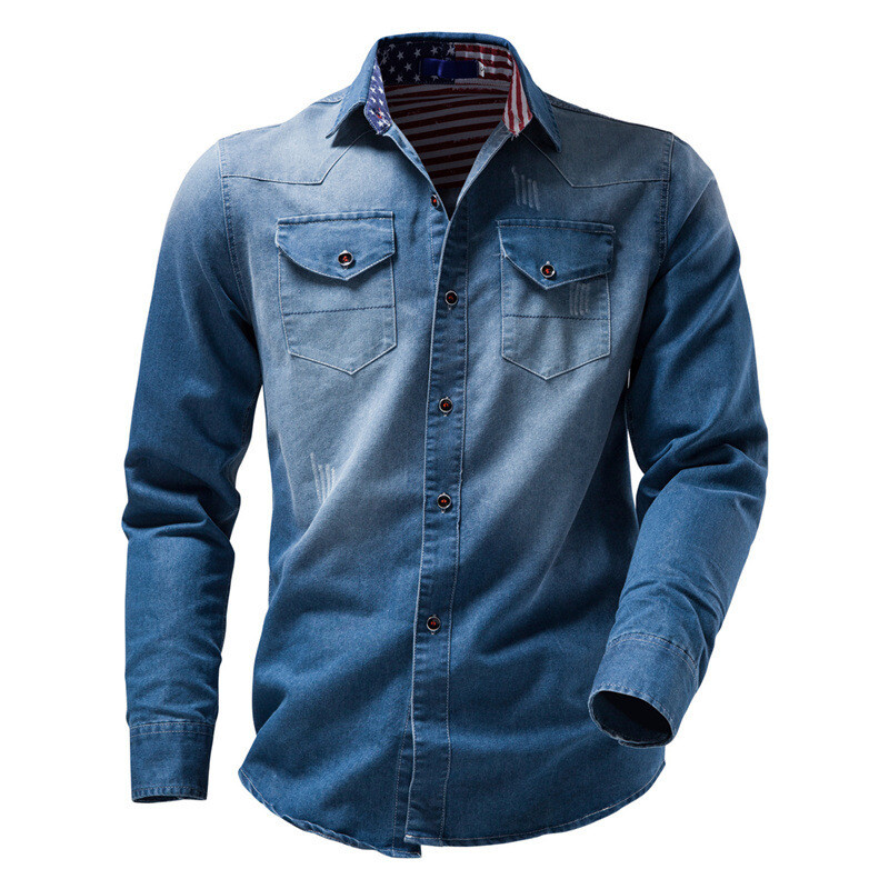 Men's denim shirts European size 2022 spring long sleeve quality cotton casual shirt trendy gradient ramp plus size
