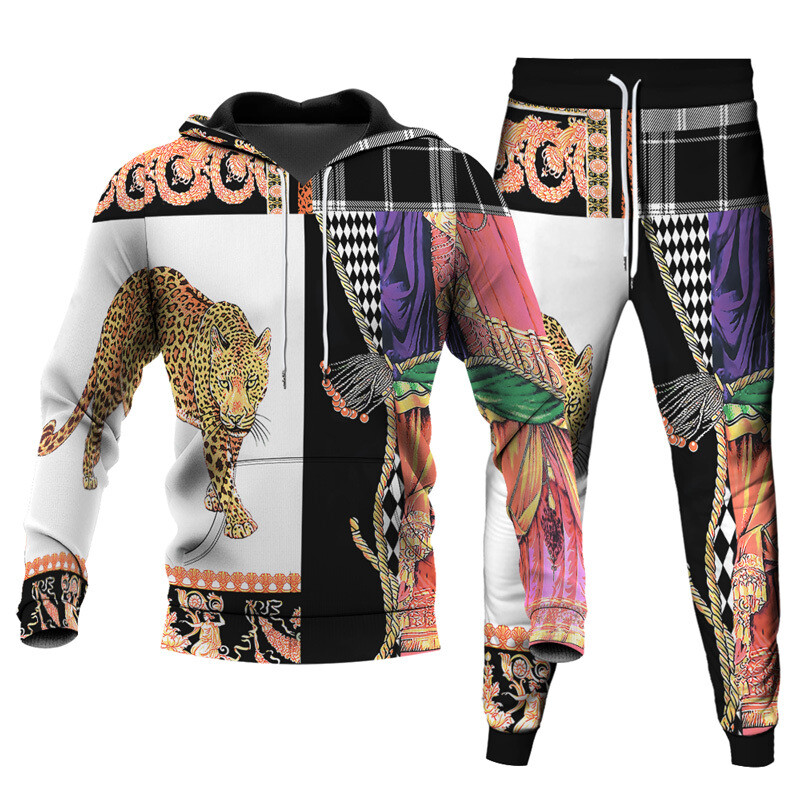 Fashion Leopard print 2-piece set 2022 new men's Casual loose sport suit Long Sleeve Men's plus size Pullover 2 sets Tracksuit