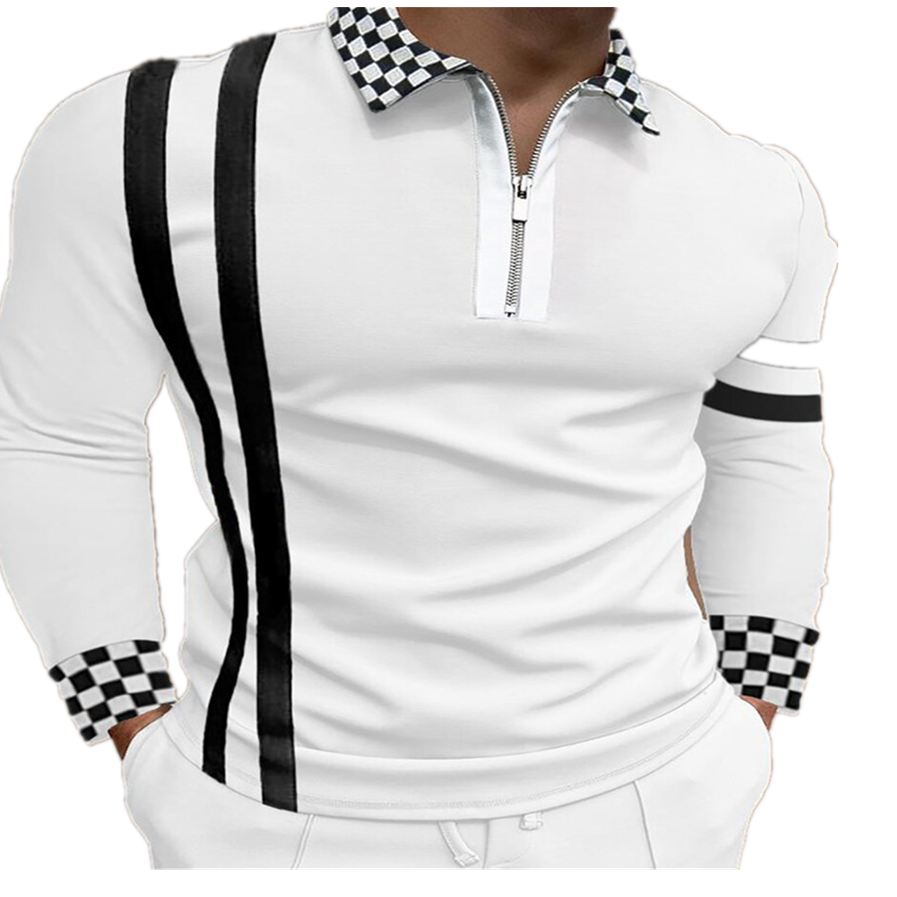 New design fashion men's long sleeve polo shirt 2021 plaid print Zipper turn down collar slim fitted tops casual male plus size