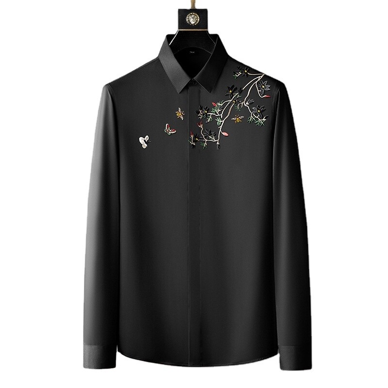 Embroidered shirts HIGH quality men's long sleeve floral Luxury shirt 2022 fashion white tops business party High end clothing