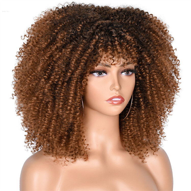 Short Afro Kinky Curly Wigs With Bangs In An African Synthetic Ombre