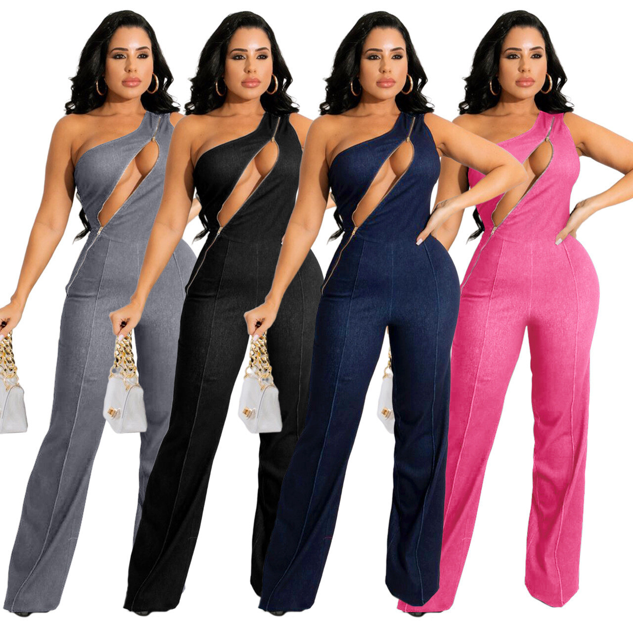 J&H 2022 New fashion sleeveless chest zipper sexy one shoulder wide leg jumpsuits women club party pants suits