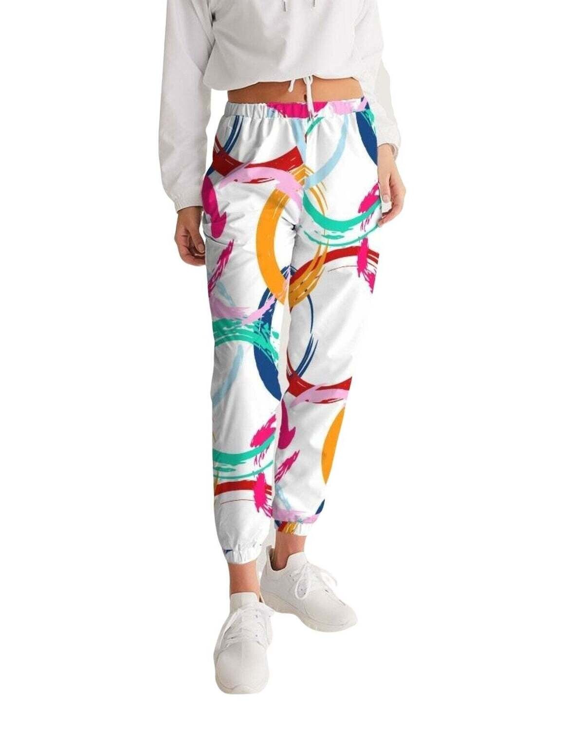 Womens Track Pants - White Multicolor Circular Graphic Sports Pants
