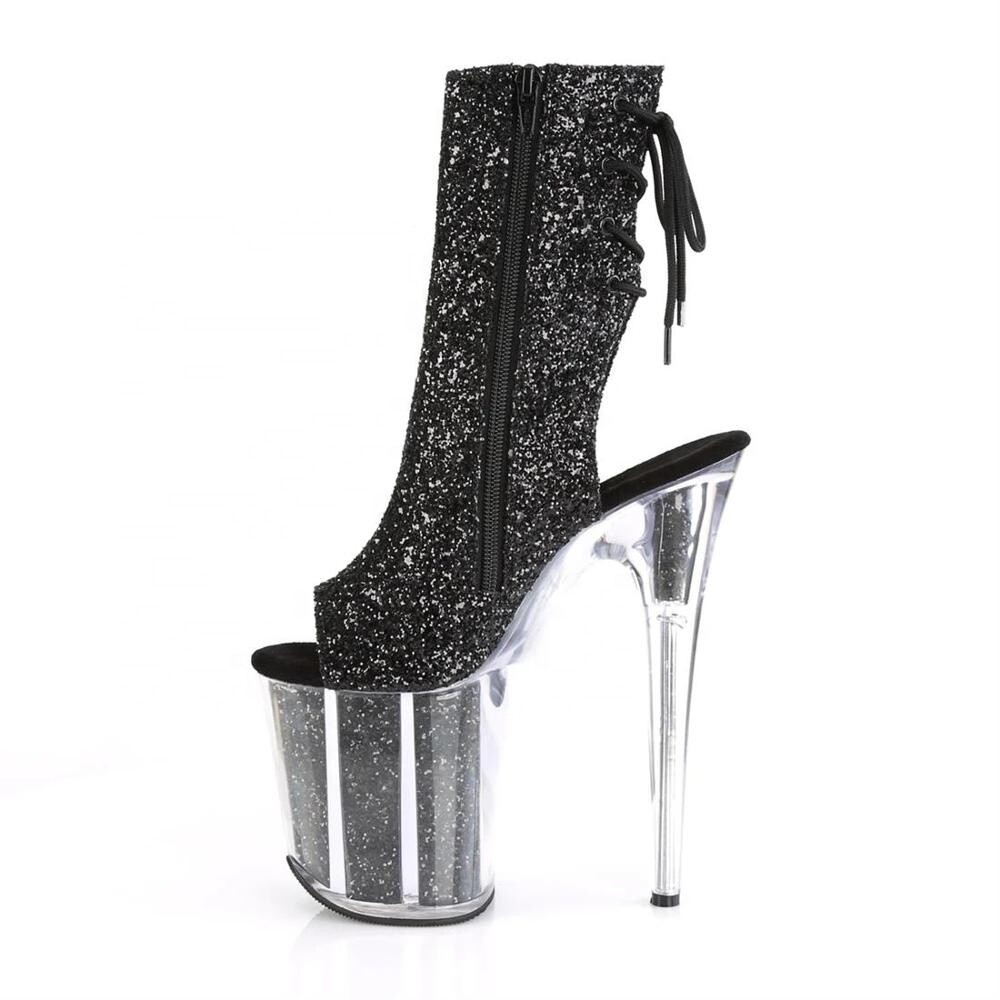Sequin-covered, open-toe boots with a 20-centimeter heel and a belt gorgeous women's boots for the club