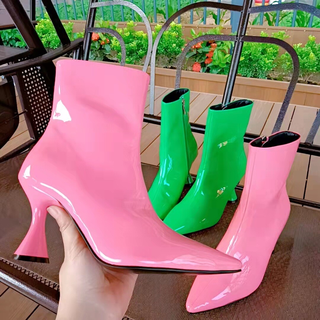 JANHE bottes femme botas de mujer patent leather Candy Color Pointed stiletto High Heel ankle boots ladies shoes women's boot