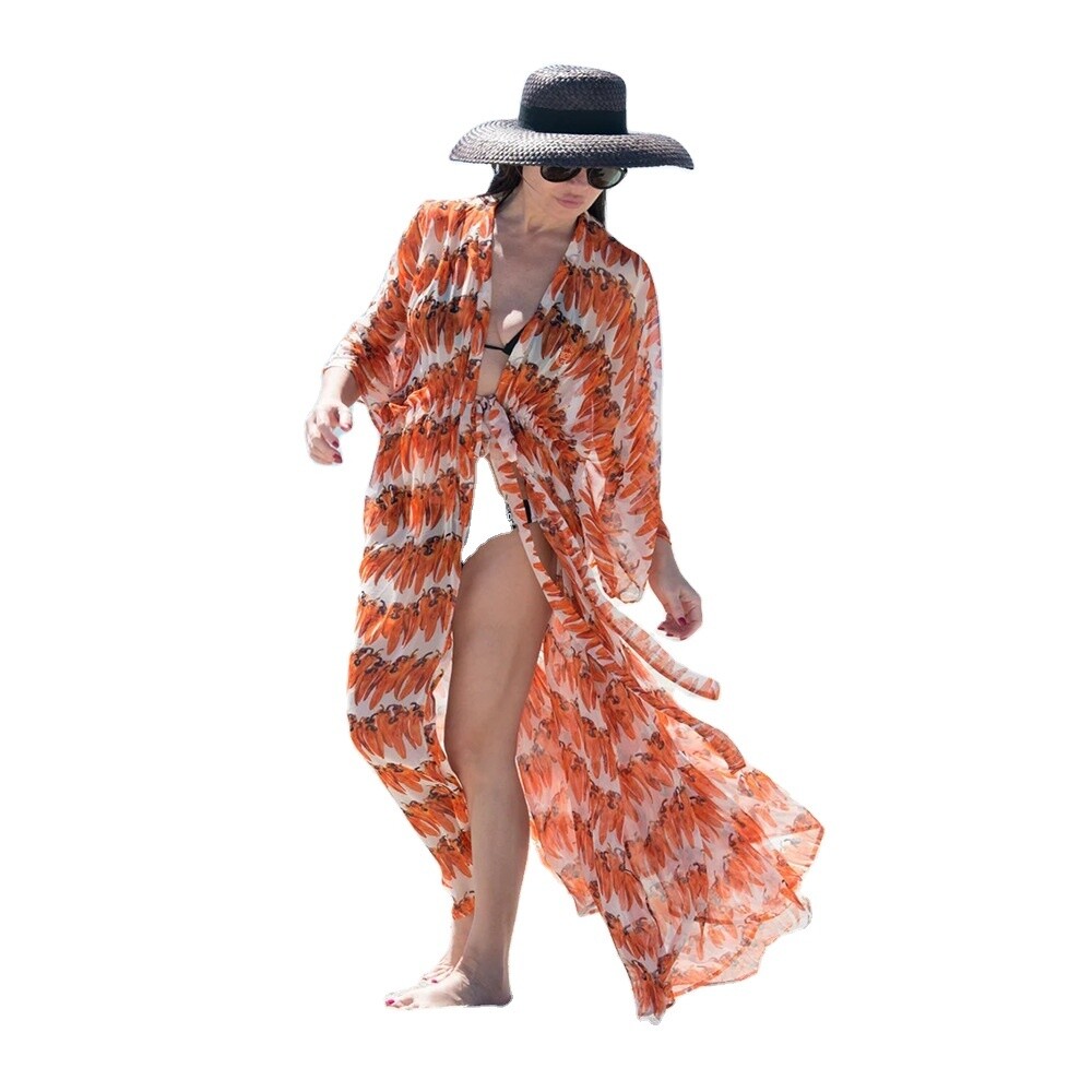 Plus-size bohemian beach robe orange ethnic floral print kimono vestidos