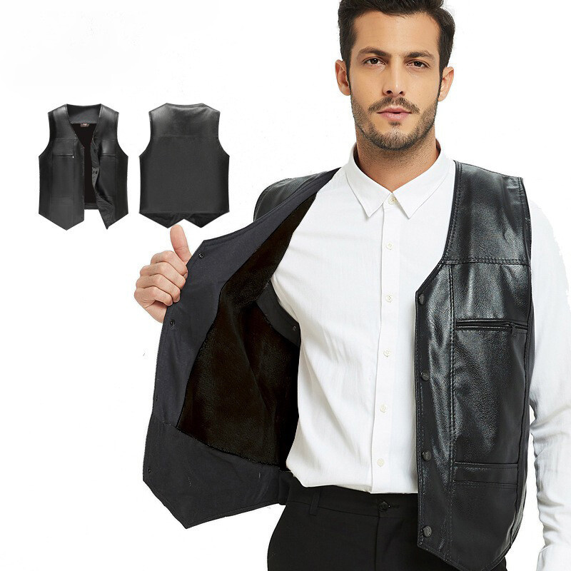 Warm Fall Winter Men's Big PU Multi Pockets Utility Coat Vest Fleece Sleeveless Leather Men Plus Size Jacket