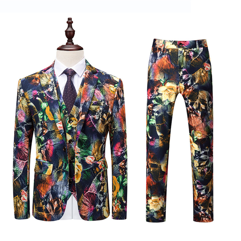 Blazers Pants Vest Sets Fashion Men's Casual Boutique Floral Print Suit Jacket Coat Trousers Waistcoat 3 Pieces Suits