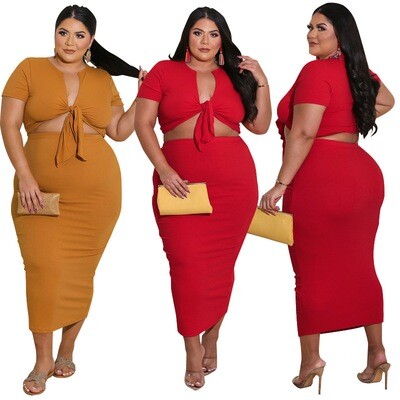 Pure color sexy plus size dress set with popular hollow out slim fit women's dress