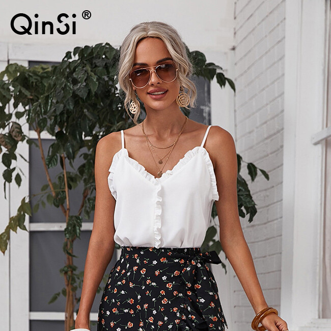 QINSI 2022 New Summer Sexy V-Neck Ruffles Backless Pullover Solid Chiffon Camisole Top Women's Clothing T-shirt Women