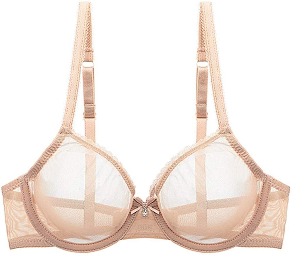 Stylish Bra And Panty Set Sheer Mesh Transparent Plus Size 40D 42 Seamless Knitted Push Up Regular Wear Nude Underwear For Women