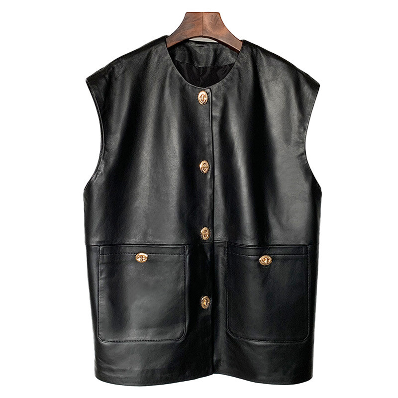 New Design Sleeveless Leather Waistcoat Genuine Sheepskin Leather Vest Women