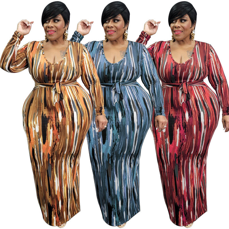 Knitted sexy plus size women's long Indian dress with a plunging neckline and sleeves that end in a deep V.
