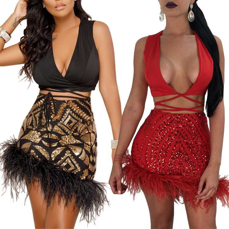 2021 High Quality Sequined Plunging Neckline Short Skirt Two Piece Short Sets Women  Fashion Sexy Club Party Two Piece Set