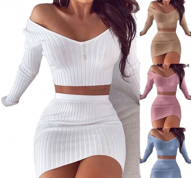 2 Piece Set Women Knitted Suit Long Sleeve Shoulder Two Piece Set Crop Top And Skirt V Neck Female Outfits Ladies Party Dress